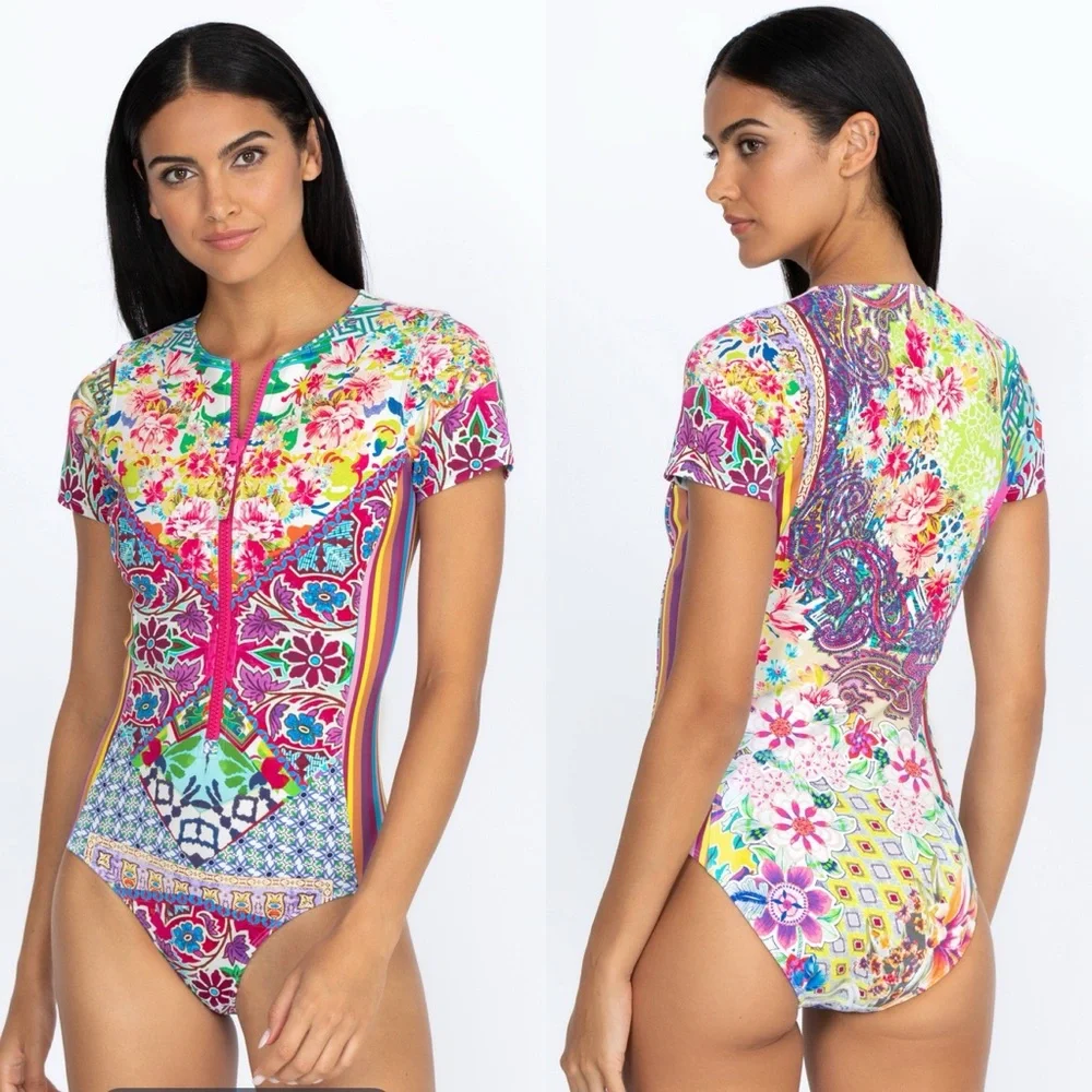 New Johnny Was Floral Striped Locita Surf Scuba One Piece Swimsuit - Picture 1 of 5